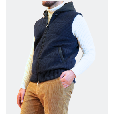 Gran Sasso Blue Quilted Wool Hooded Vest