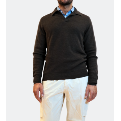 Gran Sasso Polo in lana merinos extrafine con collo skipper marrone